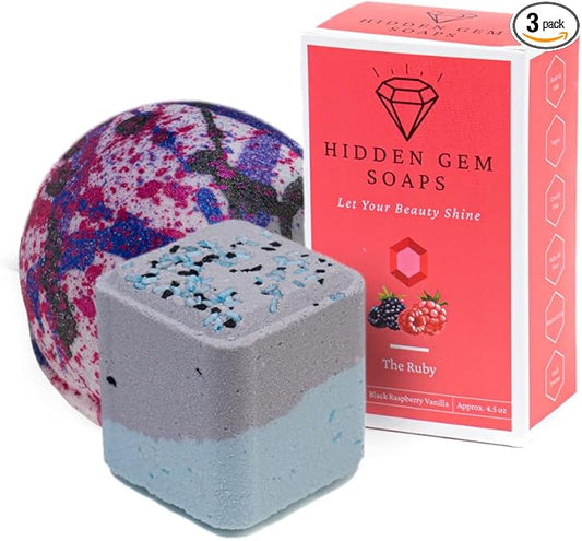 July Birthstone Ruby 3 Piece Gift Set All Natural Bar Soap, Bath Bomb, Shower Steamer Made in USA Palm Oil Free