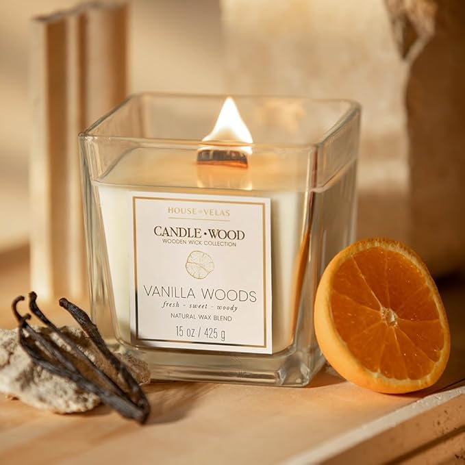 Candle Wood Collection, 15 oz, 1 Wooden Wick, Vanilla Woods, Square Glass Jar Candle