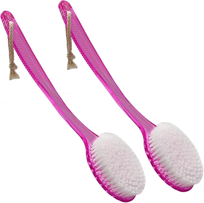 Back Bath Brush - Curved Long Handle Shower Brush with Medium Stiff Bristles for Exfoliating Body, Back Scrubber for Men & Women (Pink 2 Pack)