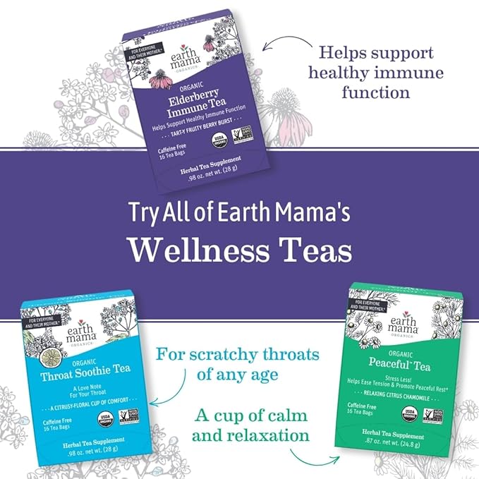 Earth Mama Organic Peaceful™ Tea | Stress Less! Calming, Relaxing Herbal Blend Safe for Pregnancy & Beyond, 16 Teabags Per Box