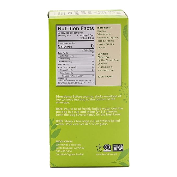 Worldwide Botanicals Sweet Cinnamon Spice Herbal Tea, 25 Tea Bags - Organic, Caffeine Free, Kosher, Naturally Sweet, 50% More Herbs