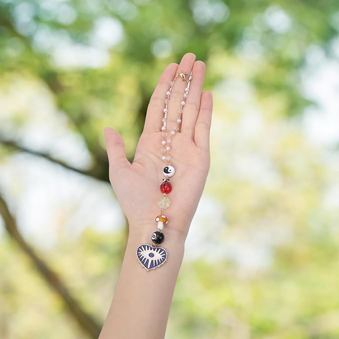 Evil Eye Car Rearview Mirror Charm - 8 Ball Mushroom Ladybug Hanging Ornament with Beads, Boho Style Cars Decor Pendant for Protection, Good Luck & Positive Energy Accessories