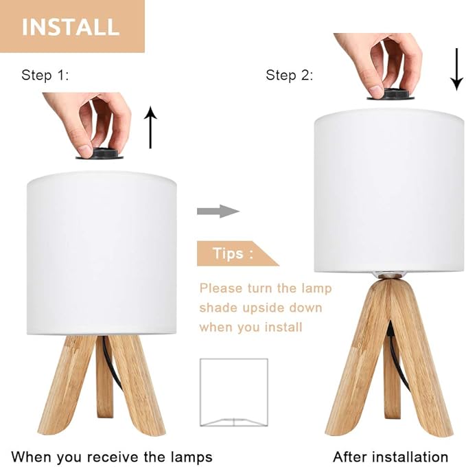 HAITRAL Small Bedside Table Lamp - Wooden Tripod Nightstand Lamp for Bedroom, Living Room, Office, Farmhouse, Home with Fabric Shade, White