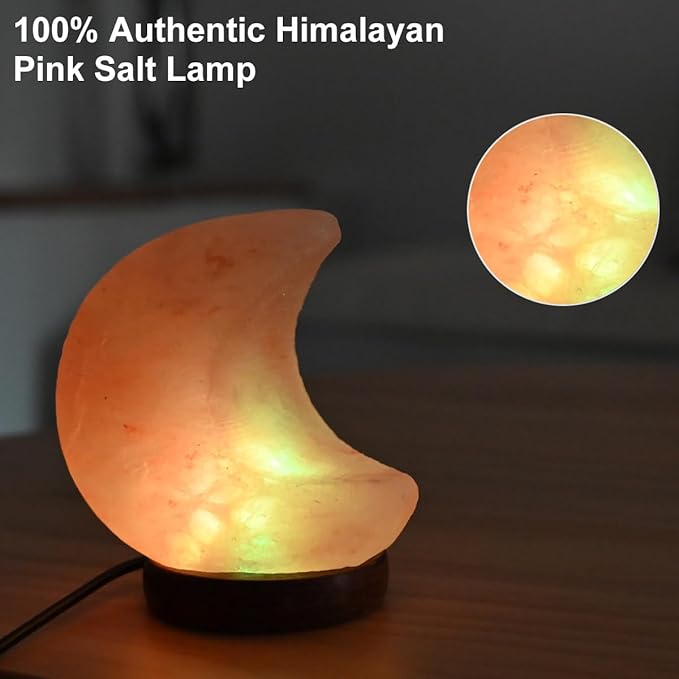FANHAO Himalayan Salt Lamp, 100% Authentic Natural Hand Carved Moon Pink Crystal Rock Salt with 8 Color Changing, USB Salt Rock Lamp Night Light for Home Decor and Gift, Neem Wooden Base