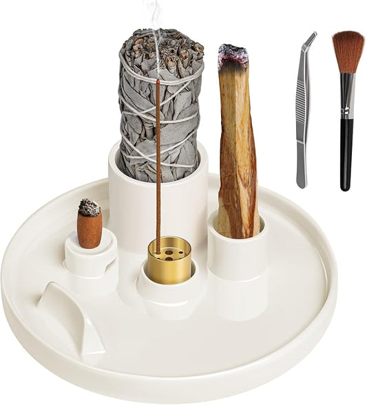 Luvan Palo Santo Holder, 5 in 1 Incense Holder for Burning Sage, Candle, Incense Sticks and Backflow Incense Cones - 6.06" Ceramic Ash Catcher Tray for Meditation Room Home Zen Decor