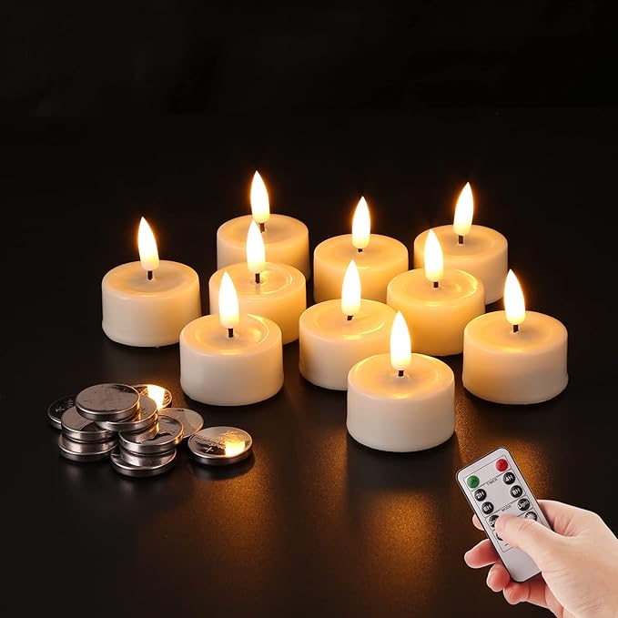 Eywamage Ivory Flameless Wax Tealights with Remote Batteries, Realistic Flickering LED Tea Votive Candles Set of 10