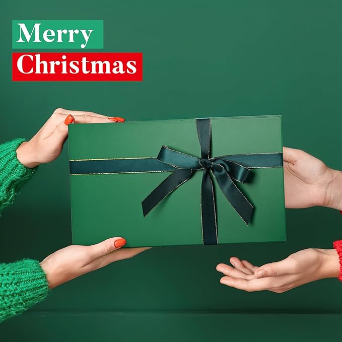 LIFELUM Green Gift Box for Presents 1 Pack 13.85 x 8.35 x 4.45 inch Big Decorative Gift Box for Clothes with Magnetic Lids Luxury Accessories Card, Ribbon, Filler,Sticker Christmas