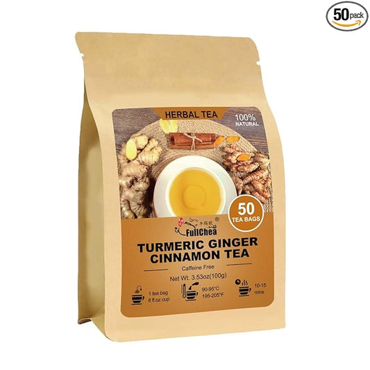 FullChea - Turmeric Ginger Cinnamon Tea Bags, 50 Count, 2g/bag - Premium Turmeric, Ginger, Cinnamon - Non-GMO - Caffeine-free - Aid Digestion & Boost Immunity