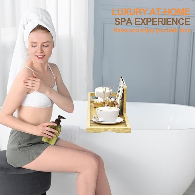 Bathtub Tray Caddy - Bath Tray - Bath Tub Table Tray Caddy - Bamboo Bath Tray for Tub