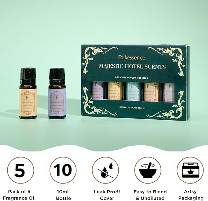 Folkulture Essential Oils for Home | Set of 5 (0.34 fl oz x 5) Hotel Collection Diffuser Oil | Lavender Essential Oil or Oud Oils for Relaxation | Jasmine Essential Oil or Cypress Scents for Women