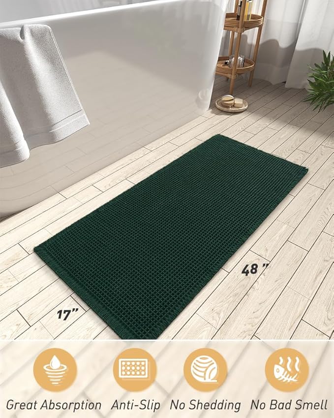 AMOAMI Upgraded Waffle Runner Rug Super Absorbent Non Slip Bath Mats for Bathroom Machine Washable Bathroom Runner Rug with Tassels, Ideal for Hallway Bedroom Laundry Room, 17" x 48", Dark Green