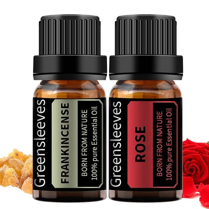 GREENSLEEVES Rose Frankincense Essential Oil Set, 2 x 10ml Pure Plant-Based Fragrance Oil for Aromatherapy, Essential Oils for Diffuser, Massage, Bath Bomb, Scented Candle Soap Making