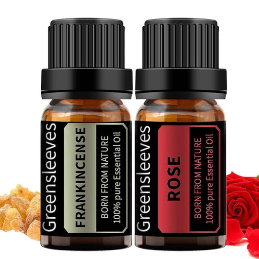 GREENSLEEVES Rose Frankincense Essential Oil Set, 2 x 10ml Pure Plant-Based Fragrance Oil for Aromatherapy, Essential Oils for Diffuser, Massage, Bath Bomb, Scented Candle Soap Making