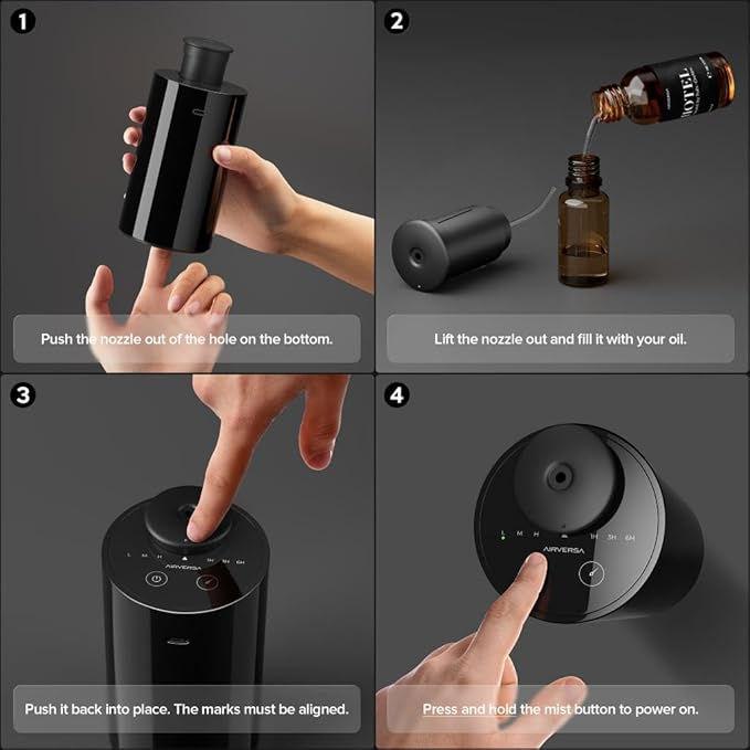 Airversa Waterless Diffuser for Essential Oil, Battery Operated Nebulizer, 0.7 Fl.Oz./ 20mL Capacity, Mini Scent Air Machine, 3 Countdown Timers & 3 Mist Levels for Home, Room, Car, Office - AN6 White