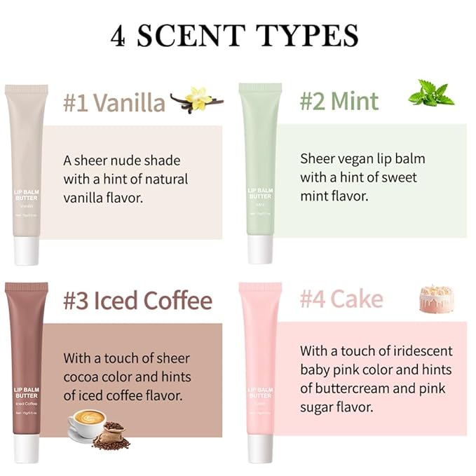 4 Colors Butter Lip Balm Lip Tint Hydrating Lip Gloss, High Shine Nude Color Hydrating Finish Lip Glow Oil (4 Flavors)