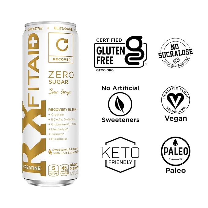 FITAID RX ZERO Recovery Blend, 5 Calories, Keto-Friendly, Paleo, Vegan, Number 1 Post-Workout Recovery Drink, Creatine, BCAAs, Glucosamine, 12-oz. Cans (Pack of 4)