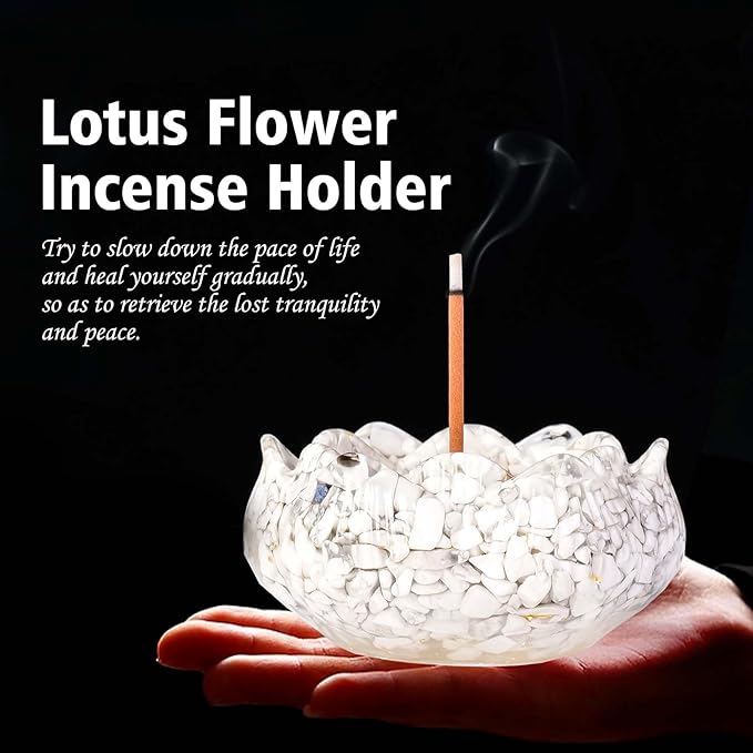 Incense Burner Resin Crystal Lotus Flower Incense Holder for Inserting Incense Removable Ash Collector for Meditation Room and Home Decor (White Turquoise, 3.15")