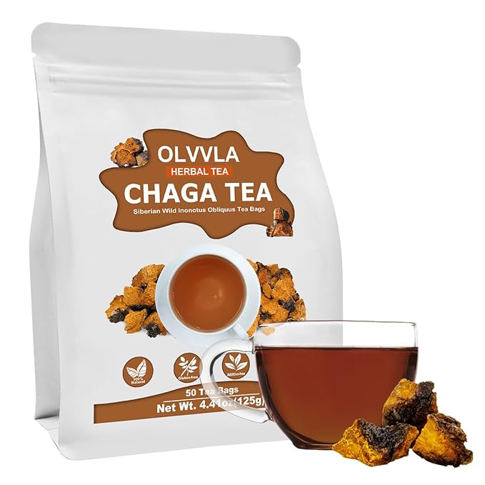 Olvvla - Chaga Tea Bags - 2.5g X 50 Count - 100% Wild Natural Chaga Mushroom Herbal Tea - Sourced from Siberia - Caffeine Free - Gluten-Free - Rich in Antioxidants
