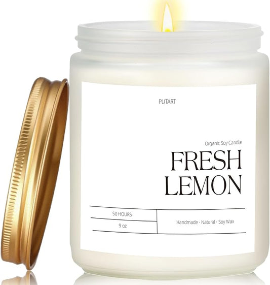 Fresh Lemon Highly Scented Candle for Home, 9oz Natural Soy Aromatherapy Non Toxic Candles with Essential Oil, Home Fragrance Stress Relief & Meditation Jar Candles Gifts for Women & Men, White