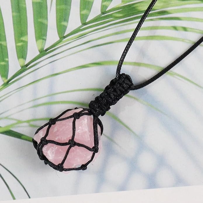 Handmade Natural Gemstone Crystal Pendant Necklace Stone Holder Necklace Cord Net Necklace with Adjustable Length for Women Men