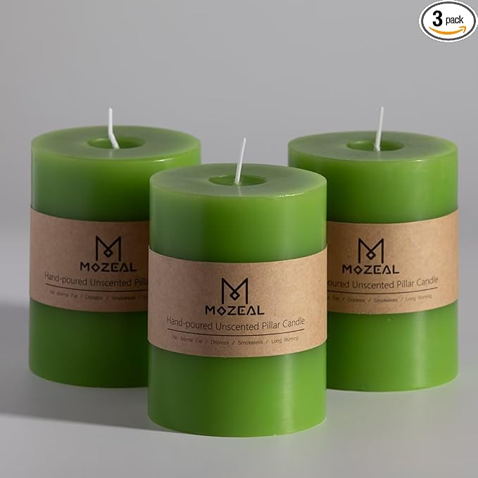 MOZEAL 3" x 4" Hand-Poured Unscented Candle, Dripless Pillar Candle Set of 3, Long Clean Burning, Approx 72 Hours Burn Time, Rustic Country Style, Wedding, Spring, Home Decor, Lime Green