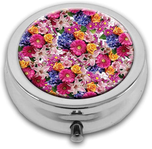All Flowers Bloom Together Pill Box Purse Pocket Small Round Silver Pill Case Decorative Box Metal Medicine Vitamin Pill Organizer Portable Unique Gift