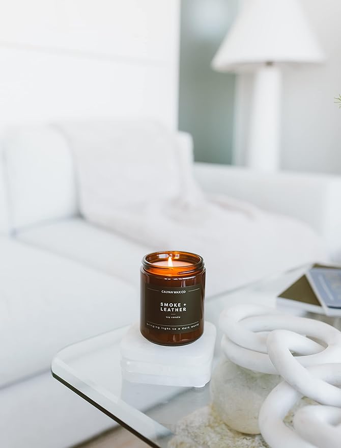 Calyan Wax Co. Soy Wax Candle, Smoke + Leather Scented Candle, 57 Hour Burn Time, Aromatherapy Soy Candles, Non Toxic & Vegan Soy Wax, Amber Glass Jar Scented Candles, 7.2oz