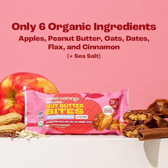 Sweet Nothings, Apple Cinnamon, USDA Organic Nut Butter Bites Protein Bar, Nut & Date Snack, Filled with Peanut Butter, 12-2 Bite Value Packs - No Added Sugar, Plant Based, Vegan, Only 7 Ingredients