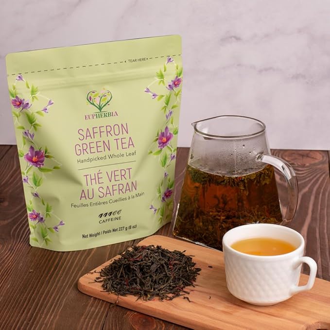 Eupherbia Saffron Green Tea, Handpicked, Highland Grown Whole Leaf Tea, Enriched with 3 Grams of Premium Saffron Threads, Herbaceous, Grassy, Bittersweet, 227g (8 oz)