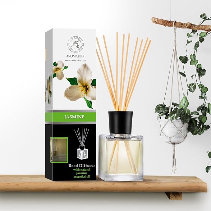 Jasmine Reed Diffuser w/Natural Essential Jasmine Oil 6.8 Fl Oz - Fresh & Long Lasting Fragrance - Scented Reed Diffuser - Gift Set w/Bamboo Sticks - Best for Aromatherapy - SPA - Home