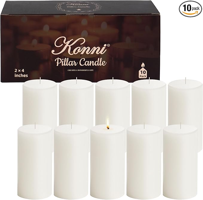 KONNI White Pillar Candles Set of 10, 2"x 4" Unscented Pillar Candles Bulk, 20 Hours Long Burning Candles, Smokeless&Dripless Large Round Candle for Wedding, Home Decoration, Parties, Spas, Dinner