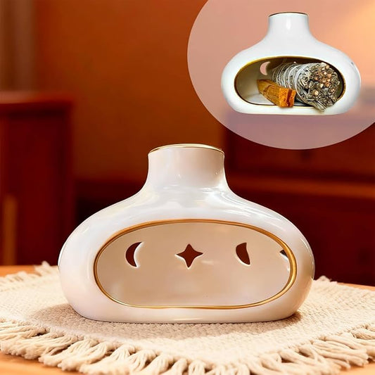 Ceramic Incense Holder Set-Handcrafted Palo Santo&Sage Cone Burner with Holes, Smudge Bowl for Meditation&Yoga-Palo Santo Holder-Home Decor for Relaxation, White