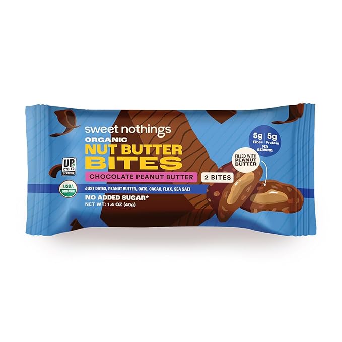 Sweet Nothings, Chocolate, USDA Organic Nut Butter Bites Protein Bar, Nut & Date Snack, Filled with Peanut Butter, 12-2 Bite Value Packs - No Added Sugar, Plant Based, Vegan, Only 7 Ingredients