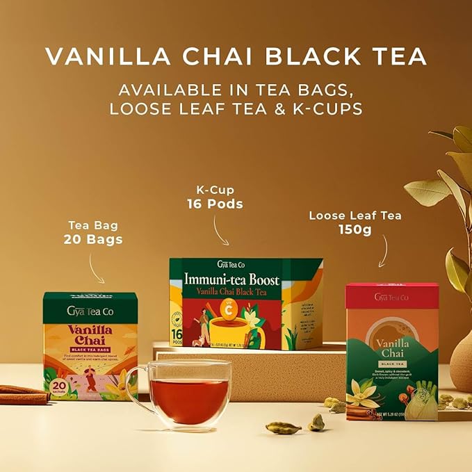 Gya Tea Co Vanilla Chai Tea Bags (20 Bags) - Caffeinated with a Smooth Flavor for Workday - Recharge Yourself with Every Sip - Fruit & Herbal Blends