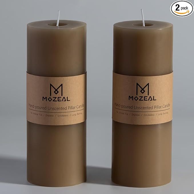 MOZEAL 3" x 8" Hand-Poured Unscented Large Candle, Smokeless Rustic Pillar Candle Set of 2, Slow Burn, No Drip, Approx 150 Hours Burning, Wedding, Dinner, Easter and Home Decorative, Tall Sage Candle