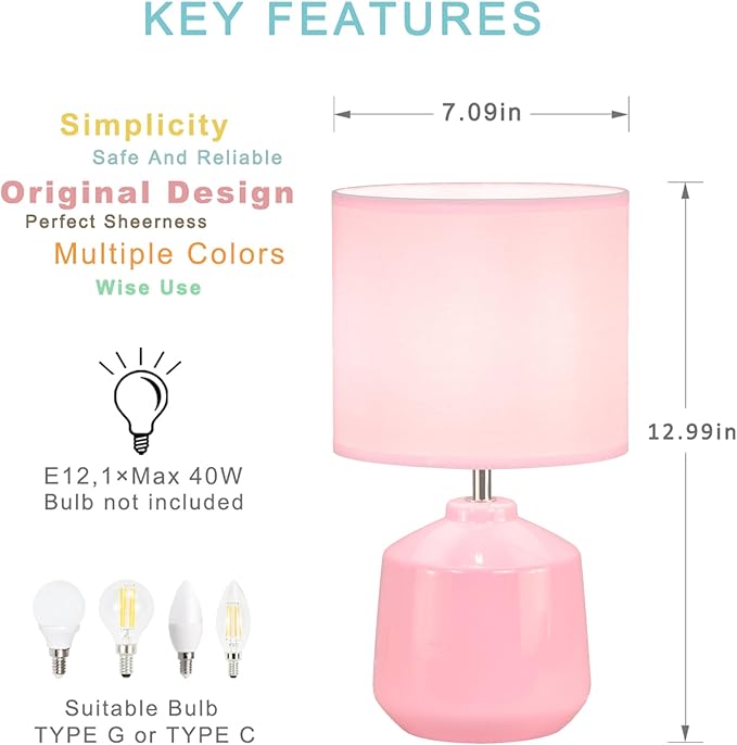 Lampwell Lena Small Modern Ceramic Pink Table Lamp, 7.09H12.99IN, Bedside & Night Lamp, Bulb Excluded