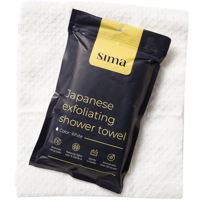Exfoliating Washcloth Face & Body Scrub Towel - Japanese Exfoliating Towel with Hexagon Fibers, Body Scrubber with 2 Sides for Scrubbing & Washing, Extra Long Body Towel (White)