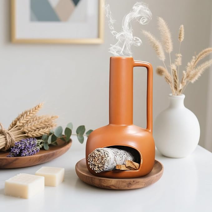 Simcat Handmade Ceramic Holder Incense Burner for Palo Santo Sticks Sage Bundles Candlestick, Suitable for Yoga Meditation Room Home Decor (Yellow)