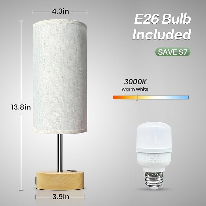 KPQ Small Bedside Lamp Touch Control Table Lamp with USB A+C Charging Ports & AC Outlet 3-Way Dimmable Nightstand Lamp with Linen Fabric Shade for Bedroom Living Room