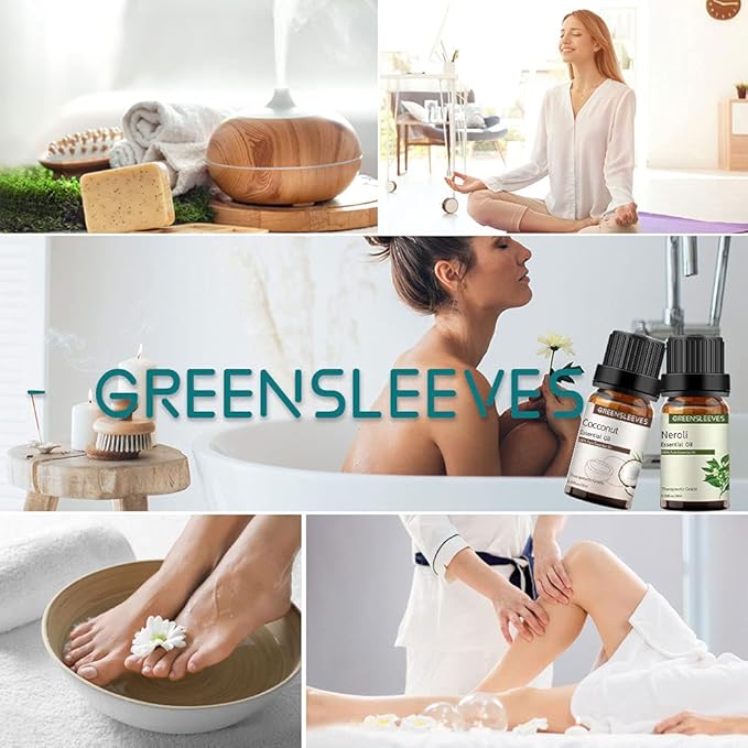 GREENSLEEVES Neroli and Cocconut Essential Oil Set, 2 x 10ml Pure Plant-Based Fragrance Oil for Aromatherapy, Essential Oils for Diffuser, Massage, Bath Bomb, Scented Candle Soap Making