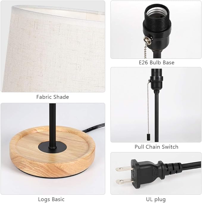 HAITRAL Bedside Table Lamp - Modern Nightstand Lamp with Linen Fabric Shade Wooden Desk Lamps for Bedrooms, Office, College Dorm, Dinning Room, Girls Room - 16 Inches (HT-AD005)