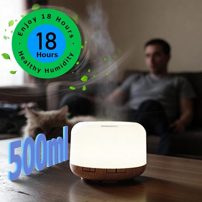 500ml Premium Essential Oil Diffuser,Quiet 4-in-1 Ultrasonic Aromatherapy Humidifier,7 Color LED Lights,with Adjustable Automatic Timer Off Function and Spray Mode. (Light Woodgrain, Basic Edition)