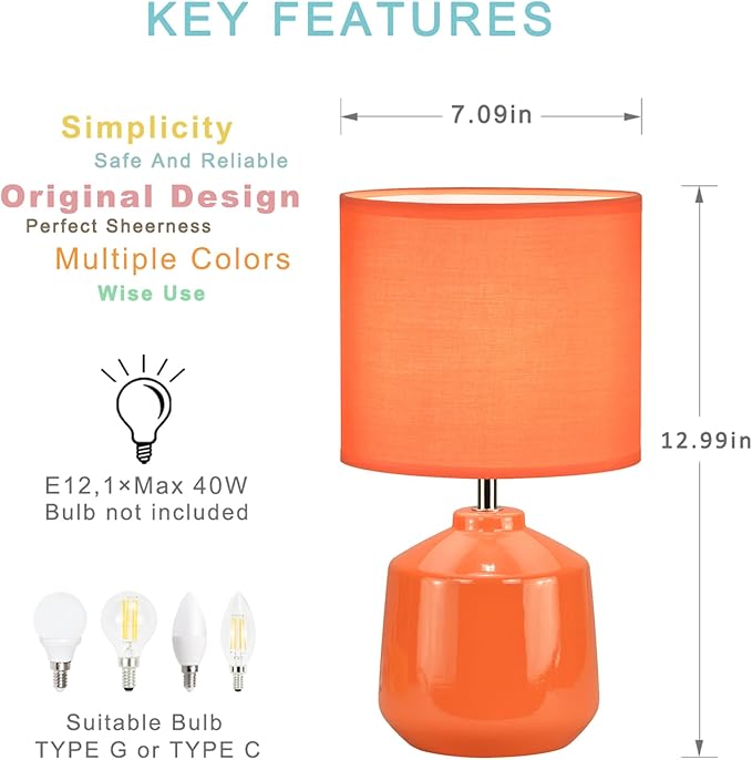 Lampwell Lena Small Modern Ceramic Table Lamp, Kids Night Table Lamp, 7.09H12.99IN, Bulb Excluded, Orange