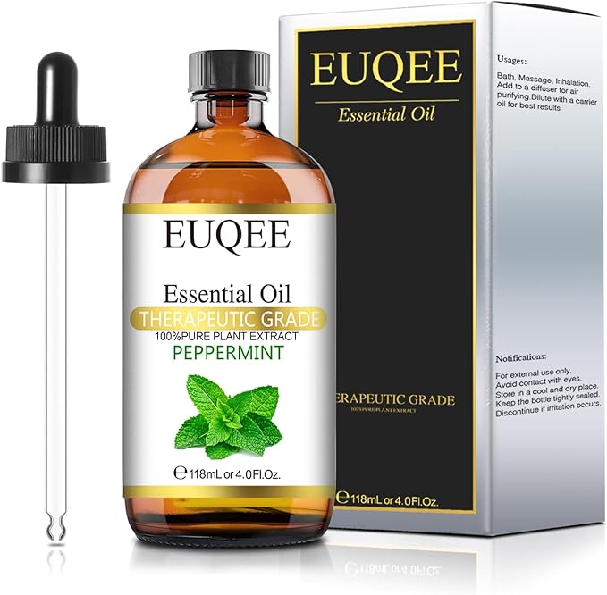 EUQEE Peppermint Essential Oil 118 ml Pure Peppermint Oil with Glass Dropper, Great for Aromatherapy, Diffuser, Soap Candle Making - 4Fl. Oz