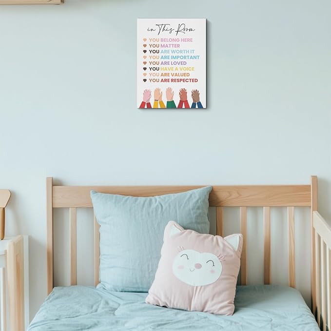 Inspirational Diversity Wall Art in This Room Watercolor Canvas Painting Prints for Classroom Nursery Home Living Bedroom Office Wall Decor Framed Equality Artwork Gifts