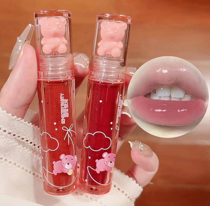 4Pcs Bear Lip Glaze Jelly Lipgloss,Liquid Lipstick Cute Bear Lipgloss Moisturizing Lip Stain Plumping Water Lip Gloss,Waterproof Juicy Lasting Tint Lip Gloss Set,Vivid Color,Glossy Finish