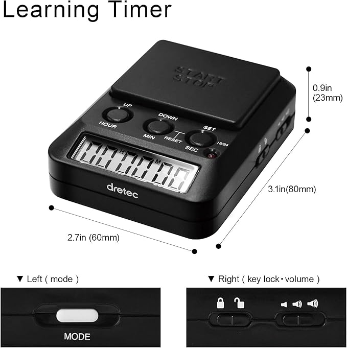 dretec Learning Timer, for Studying, Large Button, Count Function Until The Target Date, Black, Officially Tested in Japan(1 Starter AAA Battery Included)