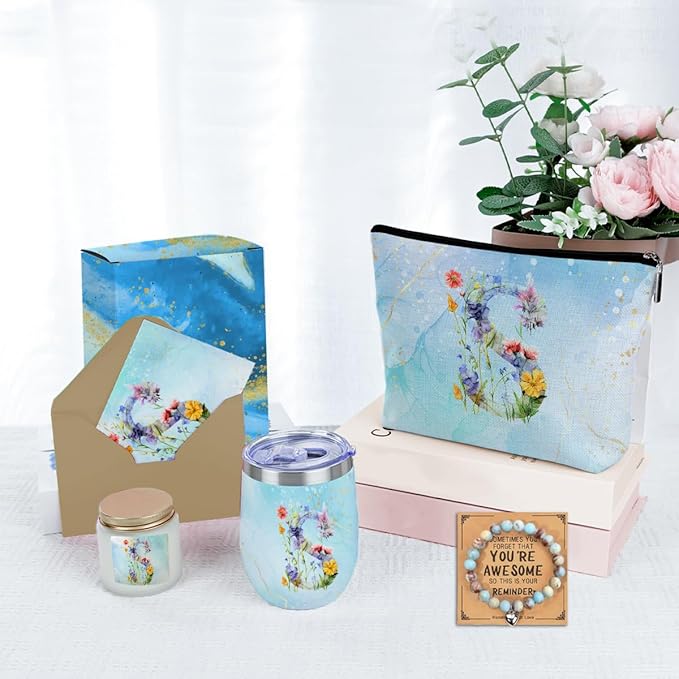 Personalized Gifts Monogrammed Birthday Gifts for Women, New Mom, Grandma Valentine's Day Thank You Christmas, Initial Wine Tumbler Makeup Bag Scented Candle Bracelet Set, (Aesthetic Blue Flower S)