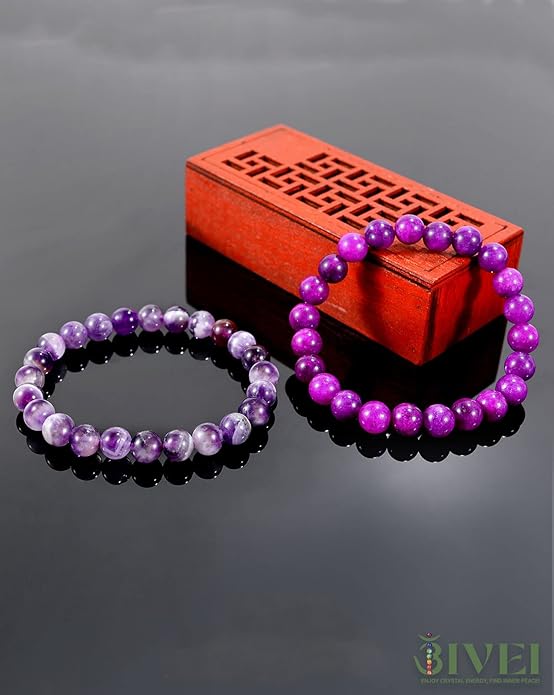 Bivei Natural Gemstone Semi Precious Healing Crystals Handmade Stretchy Round Beads Bracelet, Enhance Positive Energy