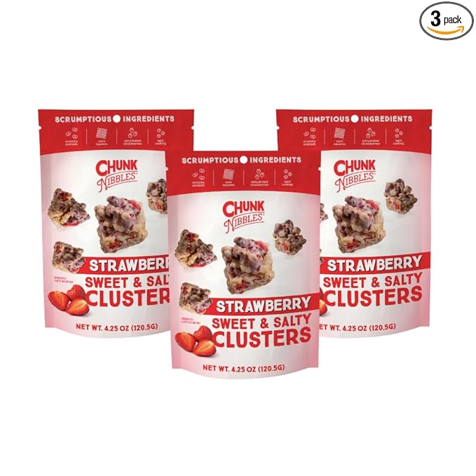 Chunk Nibbles Strawberry Snack Clusters - Real Freeze-Dried Strawberries, Pretzels & Corn Squares - Gourmet Fruity Sweet & Salty Snack, Handcrafted, No Artificial Colors - 4.25oz Resealable Pouch (3 Pack)